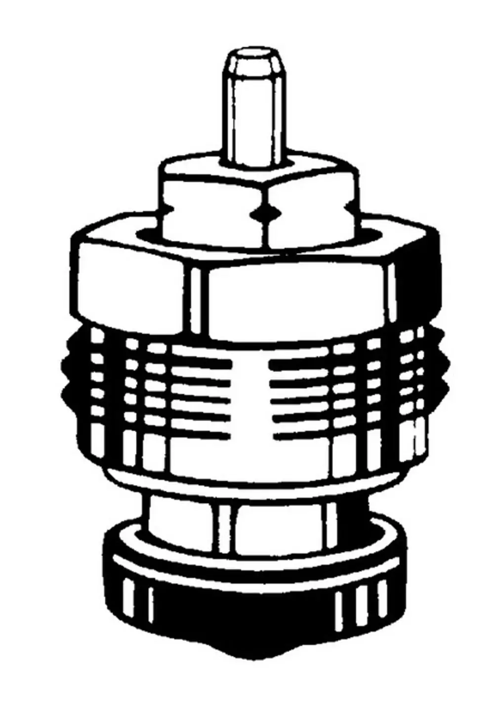 Thermostat-Oberteil in Schwarz-Weiß-Darstellung, geeignet für Heizungsanlagen, zugehörig zu IMI Hydronic Engineering, mit mittigem Anschluss für die Wärmeverteilung.